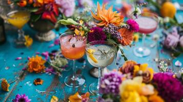 ai généré une table surmonté avec des lunettes rempli avec différent les types de les boissons et fleurs sur Haut de une bleu table couvert dans des oranges, roses, violets et jaunes photo