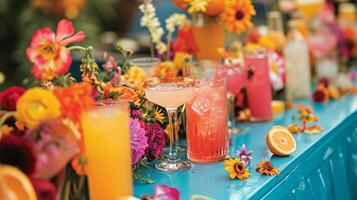 ai généré une table surmonté avec des lunettes rempli avec différent les types de les boissons et fleurs sur Haut de une bleu table couvert dans des oranges, roses, violets et jaunes photo