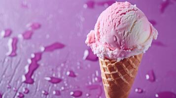 ai généré une scoop de la glace crème dans une gaufre cône avec rose glaçage sur une violet Contexte avec gouttes de l'eau sur le bas de le cône et sur le Haut de le cône photo