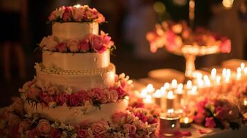 ai généré une Trois échelonné gâteau avec rose fleurs sur Haut de une table avec bougies et fleurs sur le côté de le gâteau et sur le autre côté de le gâteau photo