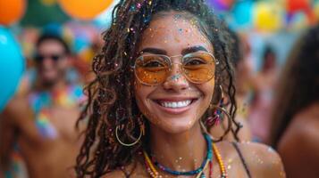 ai généré portrait de une magnifique Jeune femme avec dreadlocks souriant à le caméra pendant le brésilien festival. photo