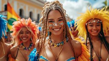 ai généré portrait de une groupe de Jeune femmes dans coloré costumes à le carnaval dans Brésil. photo