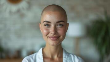 ai généré portrait de une magnifique Jeune chauve femme souriant et à la recherche à le caméra photo