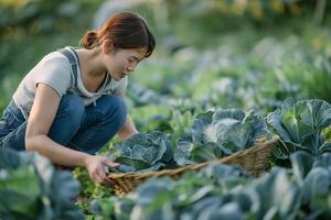 ai généré femme cueillette chou dans une ensoleillé agricole réglage photo