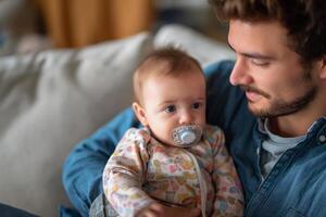 ai généré les pères journée concept, Jeune père dans bleu chemise en portant bébé dans moderne vivant pièce photo