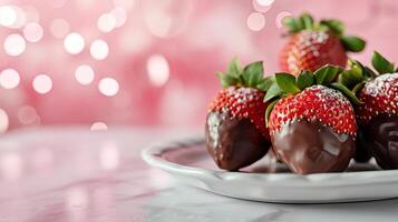 ai généré enrobé de chocolat des fraises sur une magnifique plat. ai généré. photo