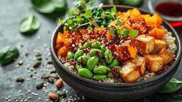 ai généré végétarien Bouddha bol avec citrouille, quinoa, épinard, Edamame, Tofu. ai généré. photo