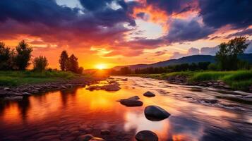 ai généré rivière le coucher du soleil Contexte photo