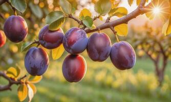 ai généré mûr prunes sur une arbre branche dans le jardin à le coucher du soleil photo