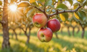 ai généré Pomme sur une arbre branche dans le jardin à le coucher du soleil photo