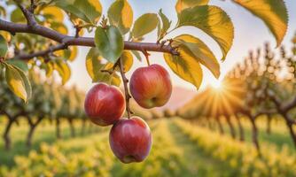 ai généré Pomme sur une arbre branche dans le jardin à le coucher du soleil photo