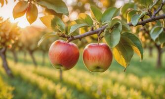 ai généré Pomme sur une arbre branche dans le jardin à le coucher du soleil photo