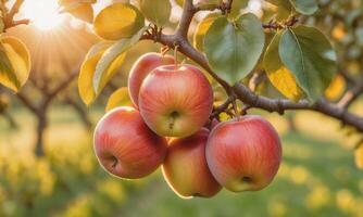 ai généré Pomme sur une arbre branche dans le jardin à le coucher du soleil photo