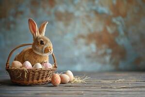 ai généré Pâques lapin avec une coloré panier de des œufs photo