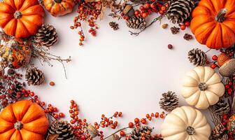 ai généré citrouilles et feuilles dans une Haut vue plat allonger photo