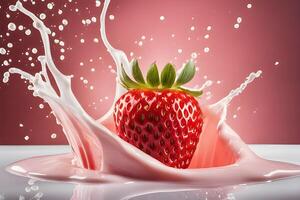 ai généré une fraise est chute dans une fraise Lait liquide, fraise Lait une baignoire la photographie par ai génératif photo