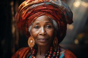 ai généré portrait de un vieux africain américain femme dans traditionnel ethnique Vêtements et coiffure photo