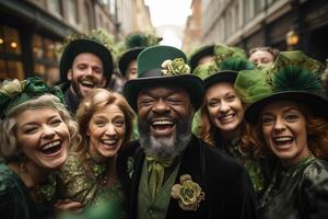 ai généré souriant Jeune gens dans vert st. patrick's Haut Chapeaux célébrer st. patrick's journée photo