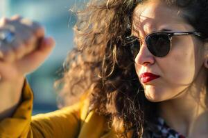 ai généré portrait de femme avec poing, concentrer sur affronter, fille Puissance photo