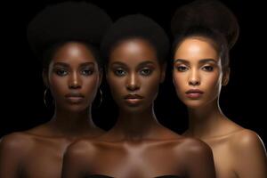 ai généré portrait de Trois Jeune africain américain femmes. noir histoire mois concept. photo