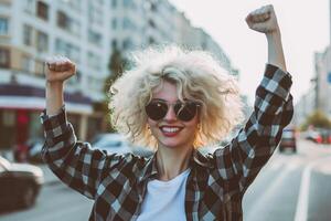 ai généré portrait de une femme avec élevé les poings sur une ville rue, fille Puissance photo