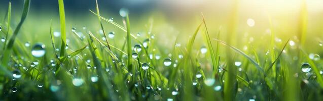 ai généré herbe fermer avec gouttes de rosée dans le Contexte bokeh et des rayons de lumière photo