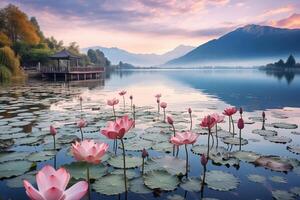 ai généré chinois belvédère dans le distance sur une Lac avec épanouissement rose lotus, montagnes dans le Contexte photo