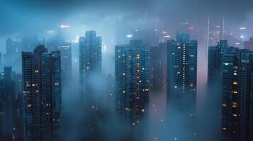 ai généré une ville horizon est vu dans le brouillard à nuit photo