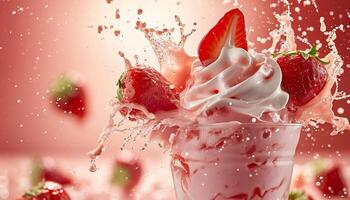 ai généré une fraise Milk-shake avec fouetté crème et des fraises photo