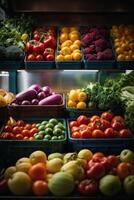 ai généré une coloré afficher de Frais des fruits et des légumes dans marché bacs photo