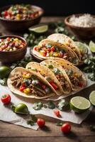 ai généré délicieux tacos sur une rustique en bois table photo