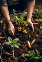 ai généré une la personne plantation une plante dans le sol photo