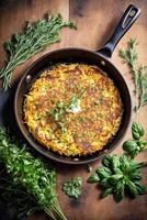 ai généré une délicieux omelette grésillant dans une la poêle sur une rustique en bois table photo