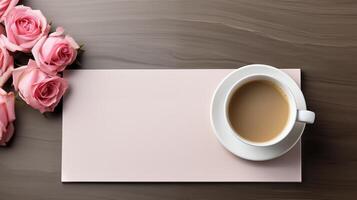 ai généré tasse de café et rose Vide forme sur une en bois table avec des roses. photo