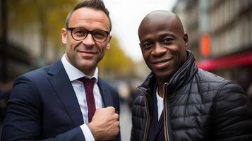 ai généré adapté homme des stands dans camaraderie pose avec chemisé ami en plein air. dégage confiance, solidarité, et essence de Partenariat. photo