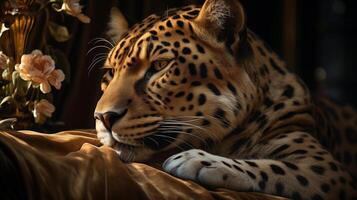 ai généré intime fermer de une reposant jaguar au milieu de d'or tissus, idéal pour faune conscience photo