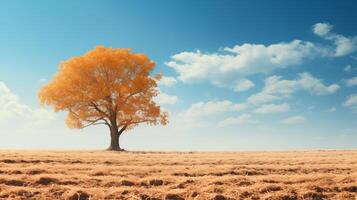 ai généré solitaire l'automne arbre dans Dénudé champ, idéal pour thèmes de changement et solitude photo