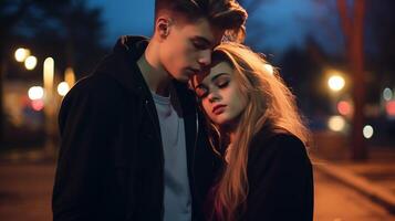 ai généré intime portrait de Jeune couple embrassement sur Urbain nuit rue photo