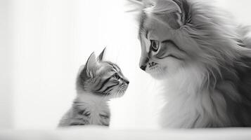 ai généré une chat et une chaton à la recherche à chaque autre, une noir et blanc photo. photo