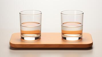 ai généré minimaliste whisky des lunettes sur en bois plateau, Facile et élégant conception. photo