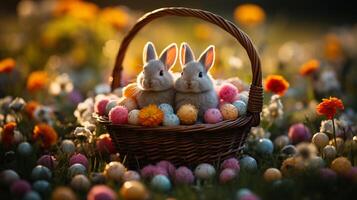 ai généré Pâques lapins avec coloré des œufs dans une panier en plein air photo