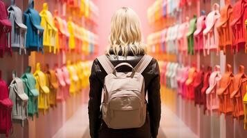 ai généré femme contemplant Lignes de coloré sacs à dos dans boutique photo