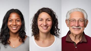 ai généré Trois gens avec différent faciale expressions et peau tons. là est personnes âgées homme avec gris cheveux et lunettes, milieu vieilli femme avec marron cheveux, Jeune femme avec noir cheveux photo