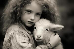ai généré soumissionner moment entre enfant et agneau, idéal pour thèmes de innocence et relation amicale photo