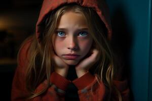 ai généré Jeune fille dans rouge sweat à capuche rêverie, Profond bleu yeux, émotif portrait photo