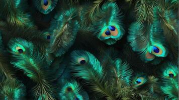 ai généré magnifique et coloré paon oiseau plumes fermer, magnifique brillant vert paon plumes sans couture modèle fond d'écran photo