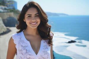 ai généré magnifique Jeune souriant Espagnol brunette femme, mer et bleu ciel sur le Contexte. génératif ai photo