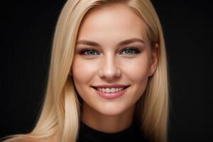 ai généré portrait magnifique blond modèle femme avec blanc les dents sourire, en bonne santé longue cheveux et beauté peau sur noir Contexte. concept de La publicité dentiste et faciale se soucier. génératif ai photo