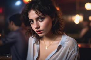 ai généré jolie ivre fille à le bar. concept de alcoolisme. génératif ai photo