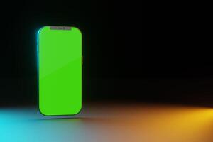 3d téléphone sur noir arrière-plan, maquette, vide espace pour texte, copie. vert écran pour individuel conception, le rendu de téléphone intelligent. sarcelle et Orange lumière. photo